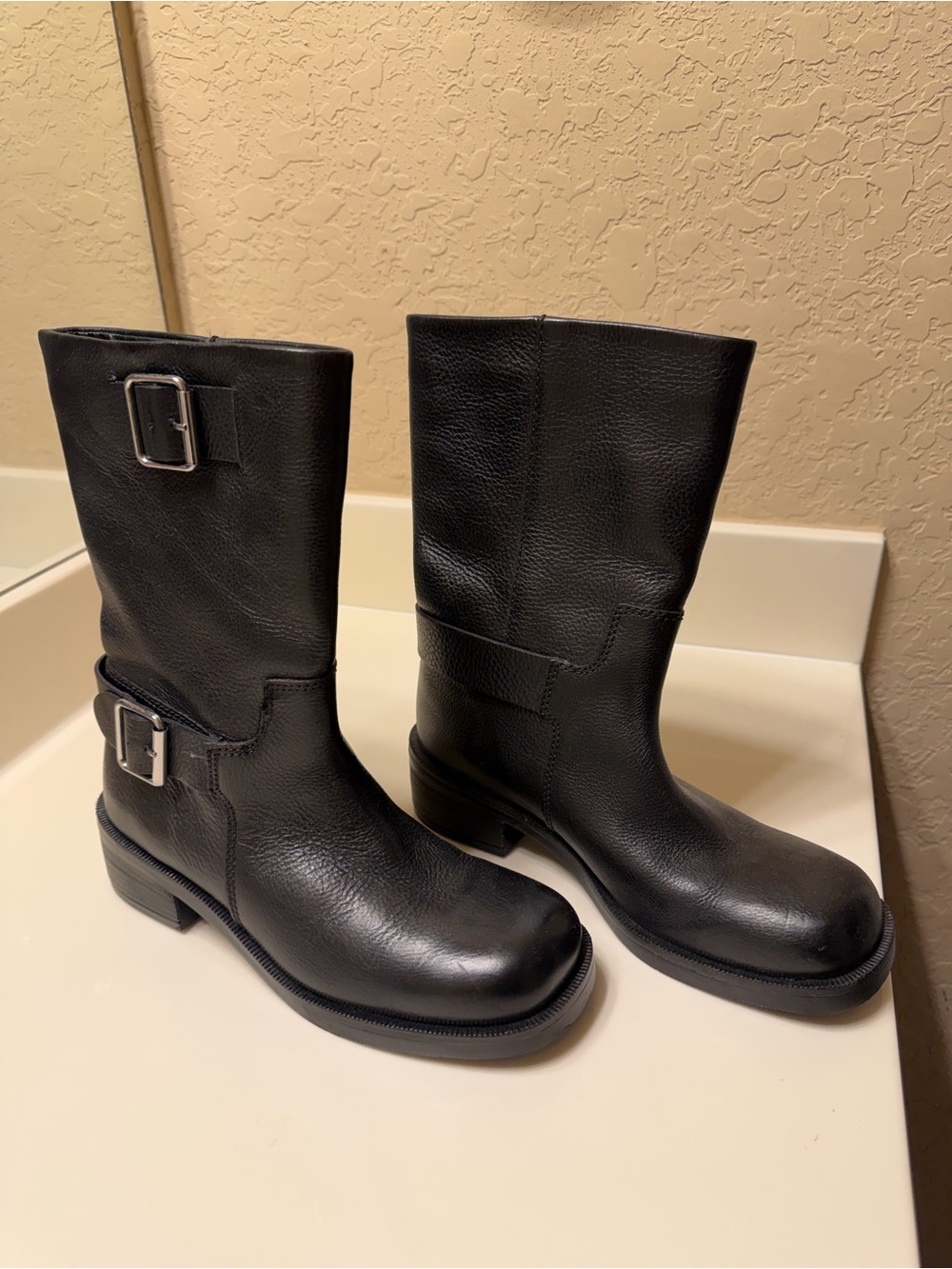 Black Leather Mid-Calf Buckle Boots - women